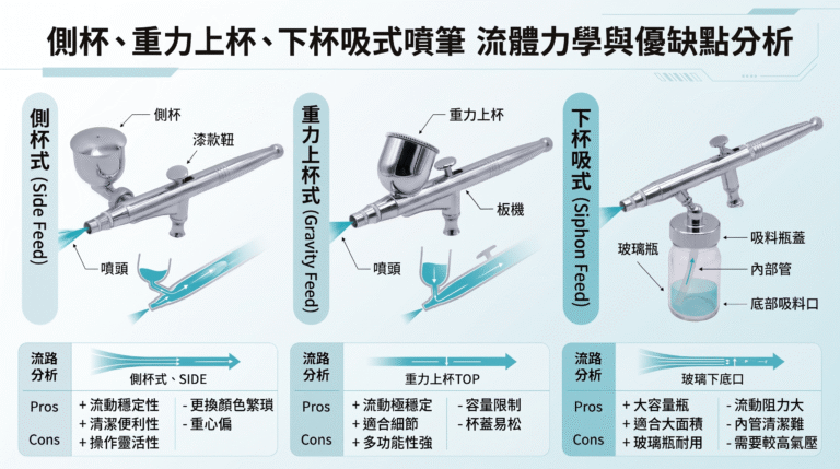 側杯、重力上杯、下杯吸式噴筆的流體力學優缺點分析